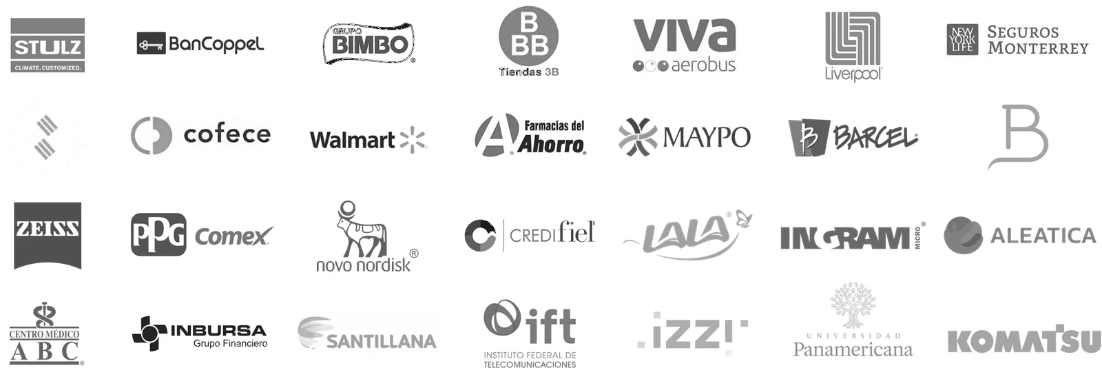 Logotipos de 28 empresas clientes, entre ellas Grupo Bimbo, Walmart, Liverpool, Inbursa, Seguros Monterrey, BanCoppel, Zeiss, Komatsu, Novo Nordisk, Lala, Barcel, izzi, Centro Médico ABC y Universidad Panamericana.