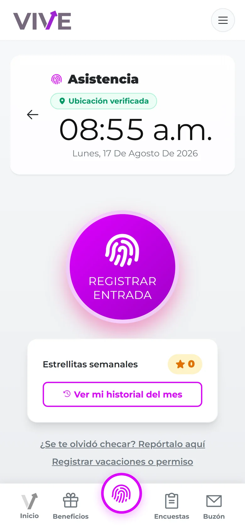 Módulo de reloj checador en VIVE Lite: la persona confirma su ubicación, registra su entrada a las 08:55 y suma una estrellita de la semana.